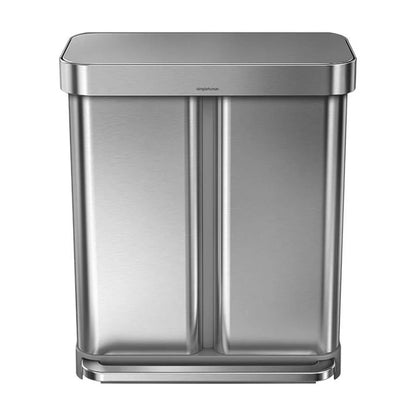 simplehuman 58 Liter / 15.3 Gallon Rectangular Dual Compartment Recycling Step, Brushed Stainless Steel with Soft-Close Plastic Lid Kitchen Trash Can