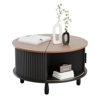 RUMLIVE Round Coffee Table with Storage, 30.7" Modern Coffee Table with 360�� Curved Sliding Door, Fluted Wood Coffee Table with Footpads, Round Center Table for Living Room, Black