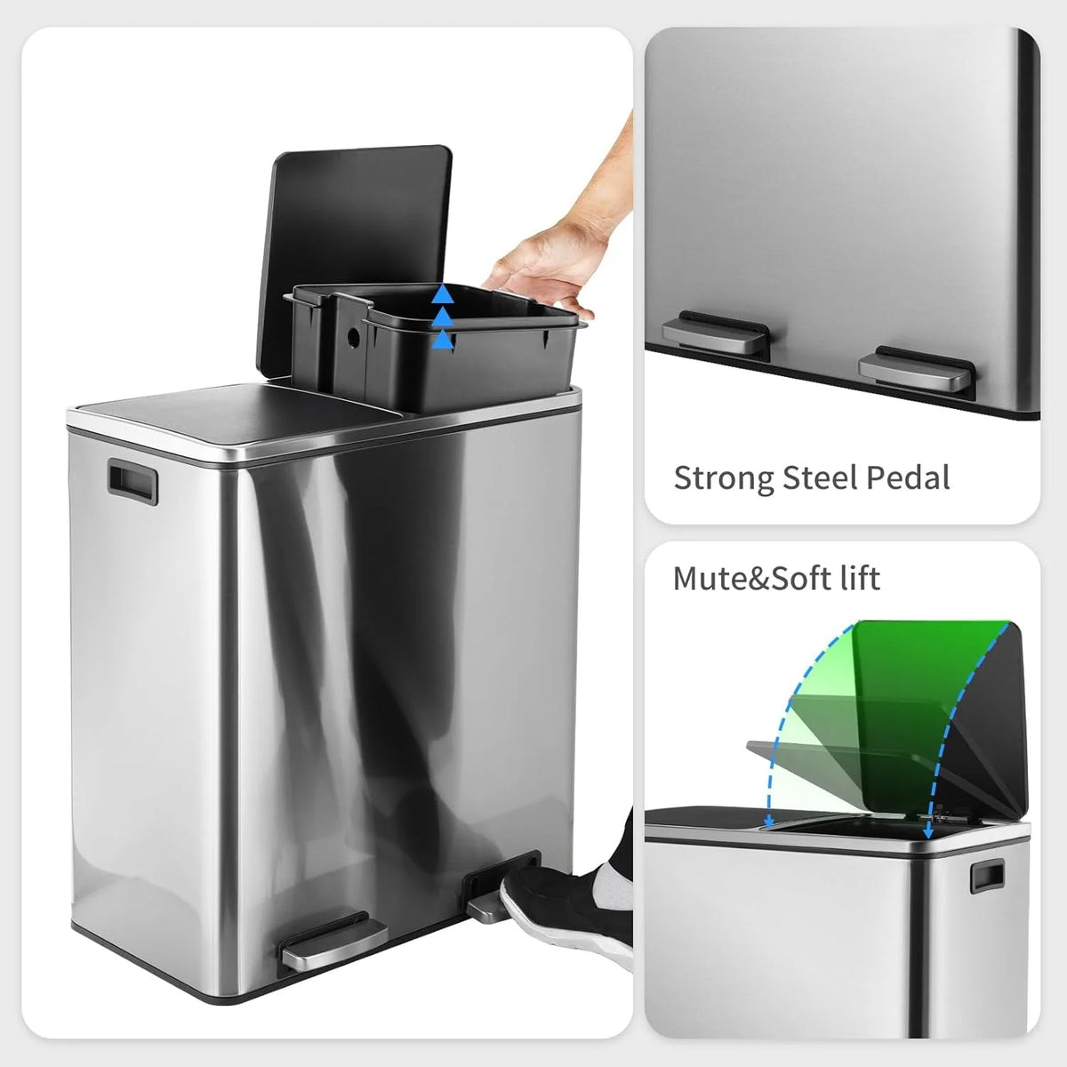 Arlopu 60 L/16 gal Dual Trash Can, Stainless Steel Garbage Can for Kitchen, Recycle Bin with Lid