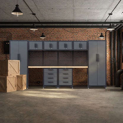HPDMC Garage Storage Cabinet System 7-Pcs Workshop Set Metal Garage Cabinets System with Steel Cabinet Drawers, Workbench, Pegboard for Garage Tool Organization