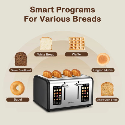 Mecity 4-Slice Touchscreen Toaster, Stainless Steel, 6 Browning Settings, Reheat, Cancel, Defrost, Removable Tray