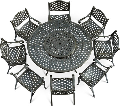 VIVIJASON 9-Piece Patio Dining Set, Rust-Free Cast Aluminum Outdoor Furniture Set, 8 Patio Dining Chairs and 61" Round Dining Table with 31" Lazy Susan, Umbrella Hole for Backyard, Patio, Garden