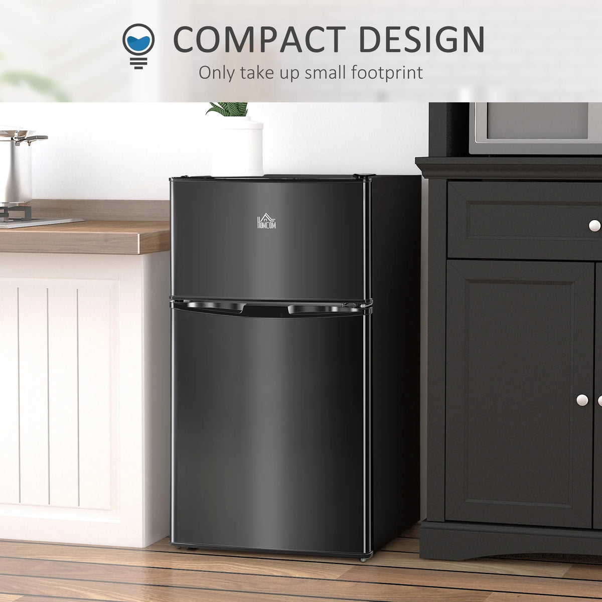 3.2 Cu.Ft Mini Fridge with Freezer, Double Door Compact Refrigerator with Adjustable Thermostat, Shelf and Reversible Door for Bedroom, Dorm, Home Office, Energy Efficient, Black