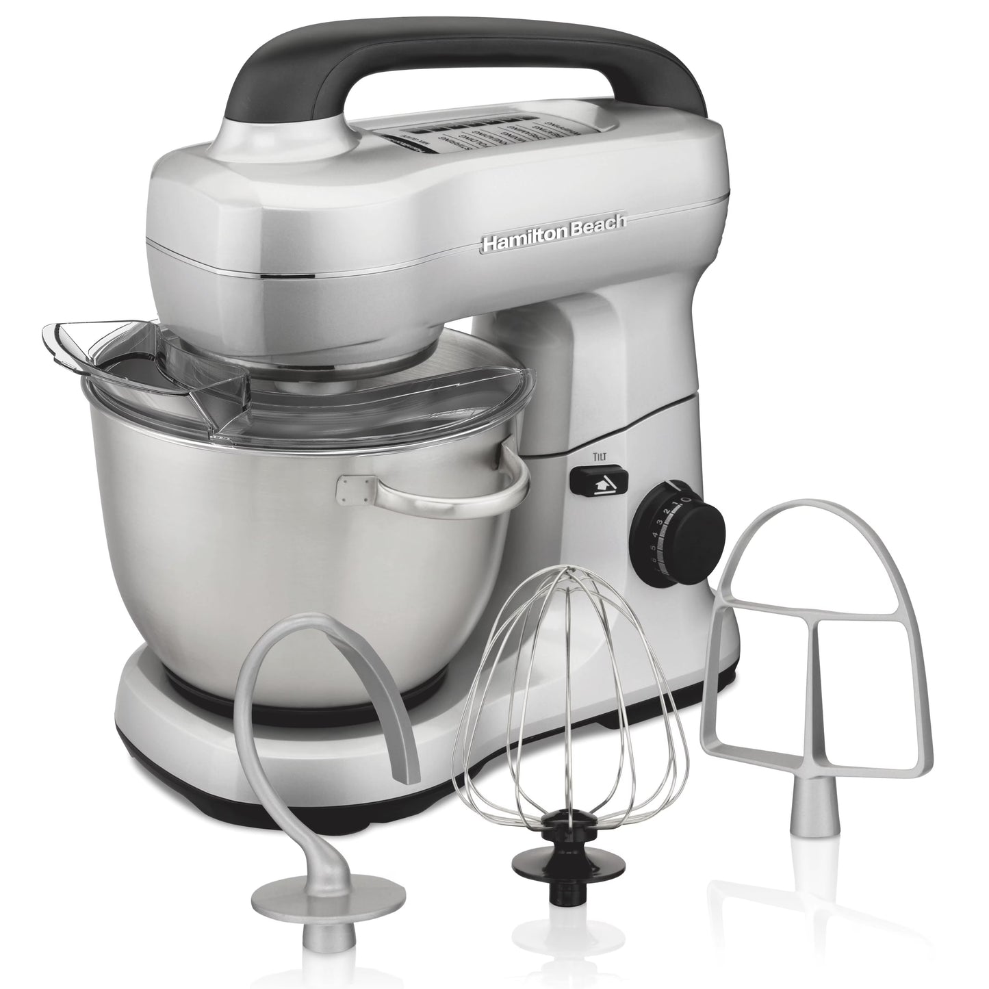 Hamilton Beach 4 Quart Stand Mixer for Kitchen, 7 Speeds, Tilt-Head, Dough Hook, Whisk & Flat Beater, Black