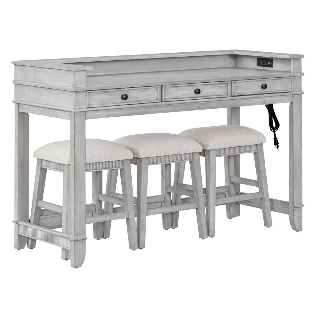 Harper & Bright Designs 4 Piece Bar Table Set for 4, Kitchen Dining Stools Set with 3 Upholstered Stools with 3 Drawers and USB Port, Gray