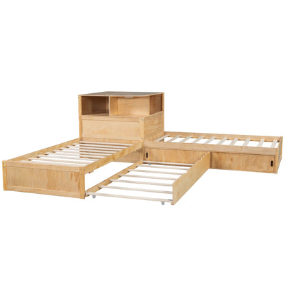 Euroco Pine Wood L-Shaped Twin Platform Bed with Storage Desk, Cabinets, Trundle and LED Light for Kids Teens, Gray