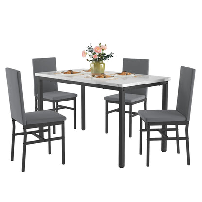 5 Piece Dining Set, Modern Dining Table and Chairs Set for 4, Counter Height Bar Table Set, Modern Pub Table with 4 Velvet Fabric Cushioned Stools, Faux Marble Dining Table & Stools Set, D9297