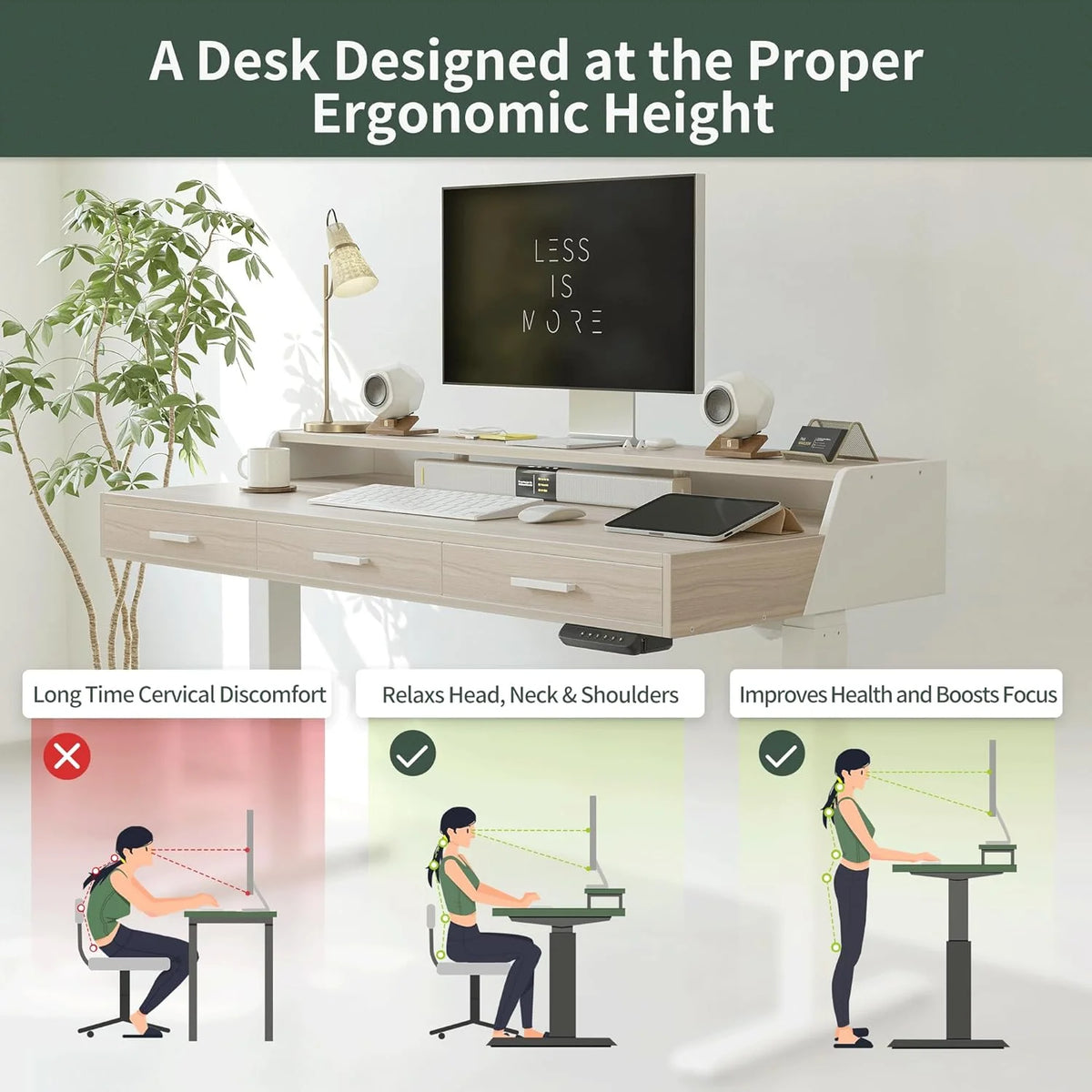 FEZIBO Electric Standing Desk with 3 Drawers & Monitor Shelves, 48 x 26 inches Sit Stand Home Office Desk, Rustic Brown