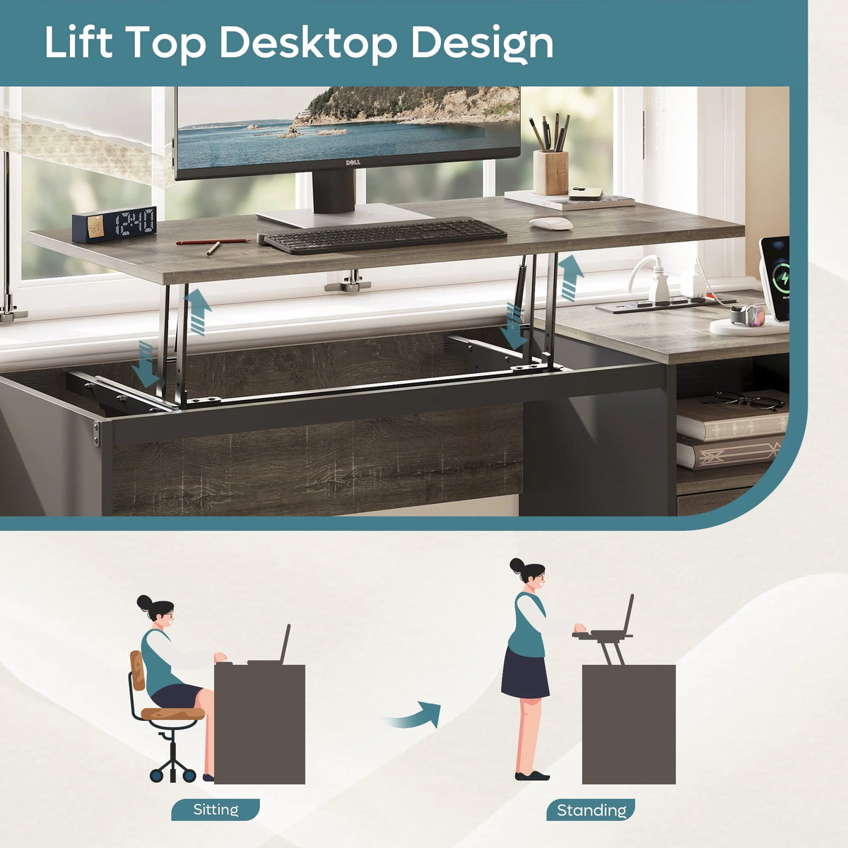 Bestier Computer Desk with Drawers Power Outlet  60" Office Desk Lift Top Desk, Gray