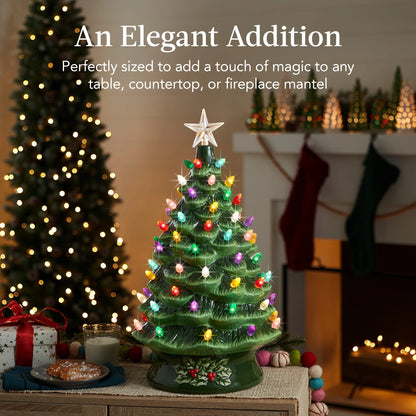 Best Choice Products 24in X-Large Pre-Lit Ceramic Christmas Tree Decor w/ 74 Multicolor Bulbs, LED Light - Green