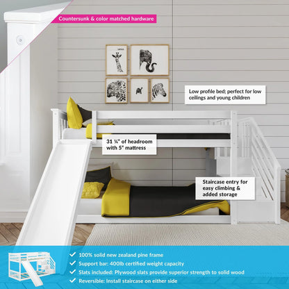 Max & Lily Wood Twin over Twin Bunk Bed for Kids with Wooden Staircase and Slide, White