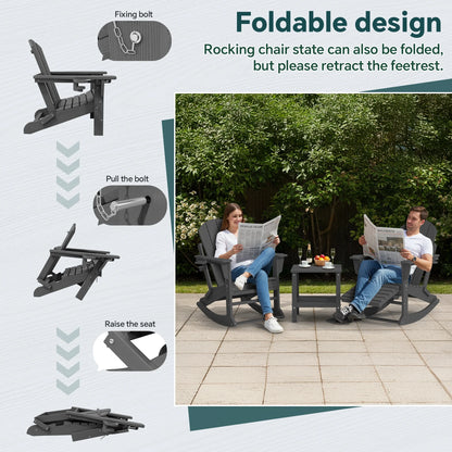 KINGYES Folding Adirondack Rocker Chair Set of 2 W/ Footrest & Dual Cup Holders, HDPE Outdoor Patio Rocking Chair, Black