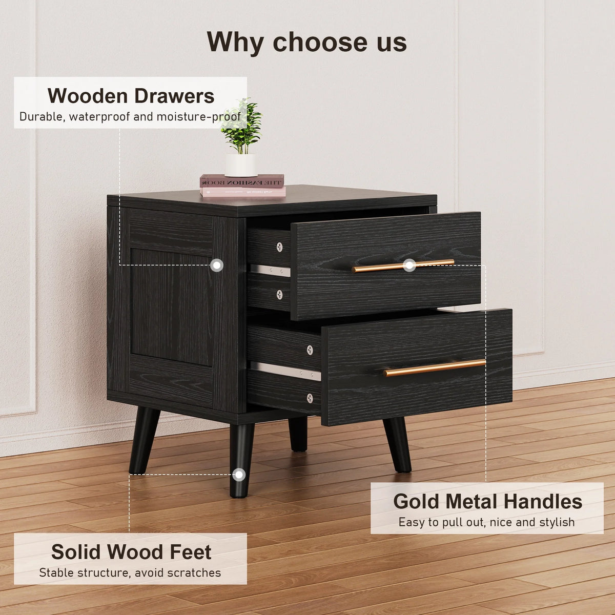 Noelse 3 Piece Bedroom Furniture Set, 6 Drawer Dresser with 2 Nightstands, Modern Wood Storage Organizer with Metal Handles for Bedroom, Living Room,Black