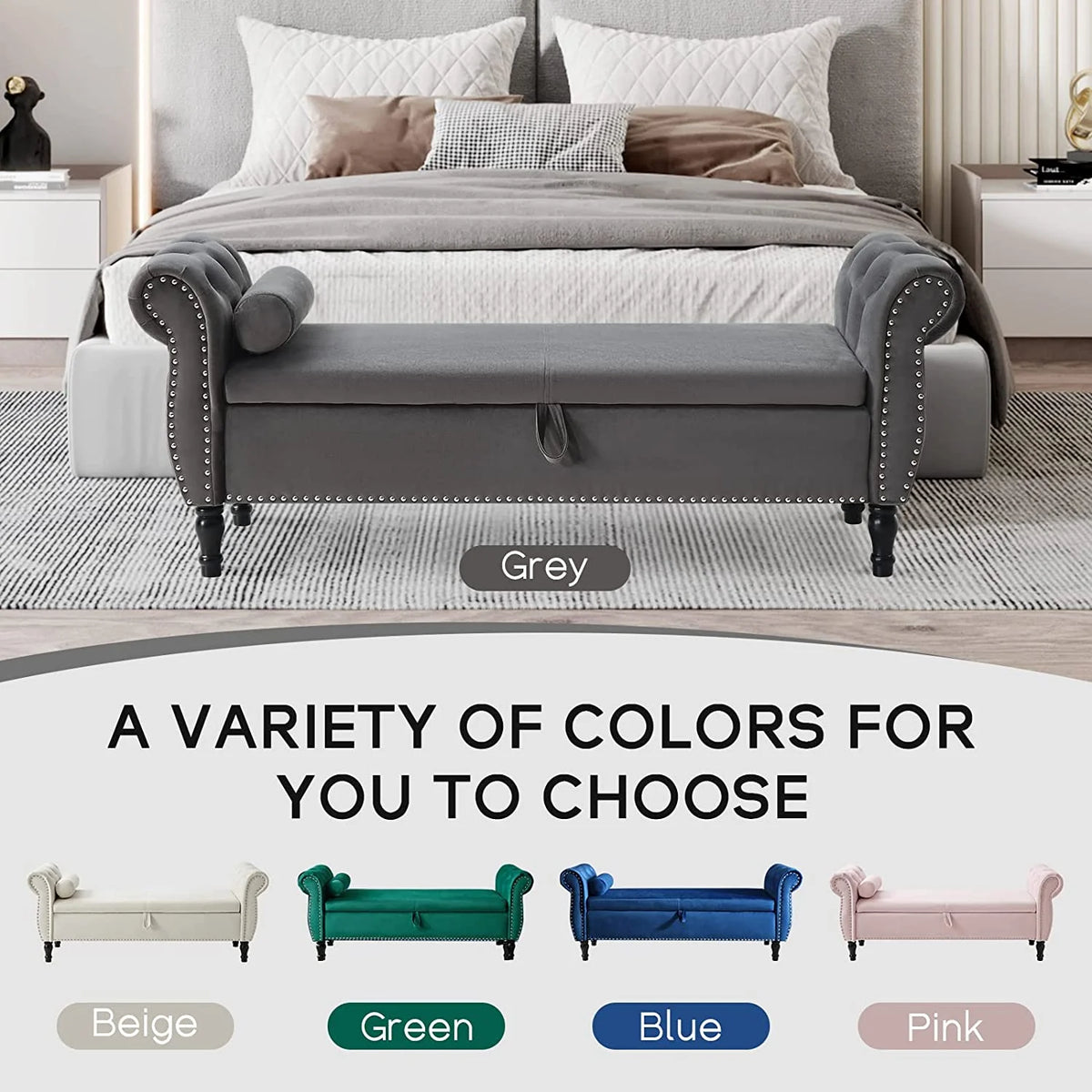 Sumdeal 43.5" Storage Ottoman Bench with 250lb Seating, Linen Upholstered Wood Legs Safety Hinge Flip Top Oval Foot Rest Long Stool for Sofa Couch Bedroom End of Bed Living Room Entryway, White