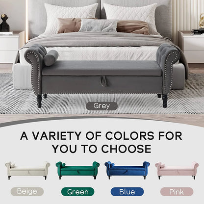 Sumdeal 43.5" Storage Ottoman Bench with 250lb Seating, Linen Upholstered Wood Legs Safety Hinge Flip Top Oval Foot Rest Long Stool for Sofa Couch Bedroom End of Bed Living Room Entryway, White
