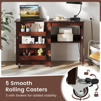 Costway Folding Sewing Table Rolling Craft Station with 3 Storage Bins & Charging Station White+natural