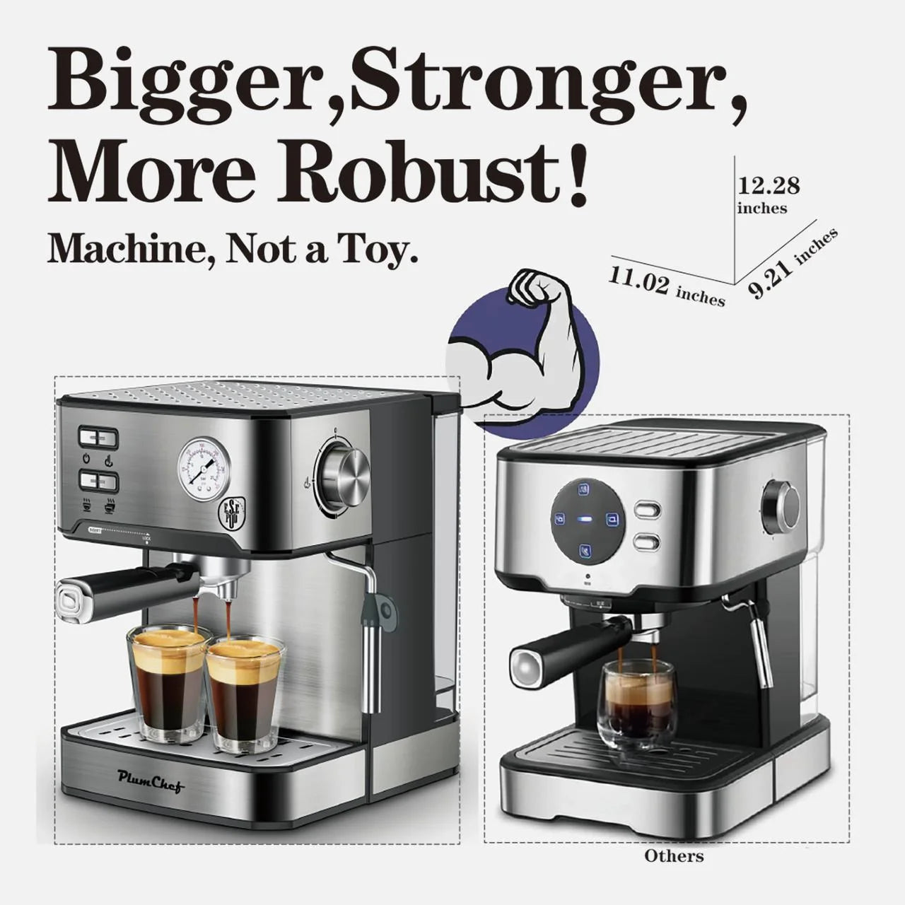 Plum Chef Espresso Coffee Machine, 20 Bar Cappuccino Latte Maker Coffee Machine with ESE POD Capsules Filter&Milk Frother, 1.6L Water Tank, for Home Barista, Stainless steel, 850W