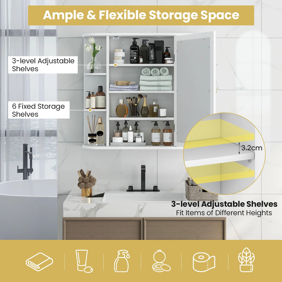 Gymax Bathroom White finish Multipurpose Mount Wall Surface Storage Cabinet Mirror