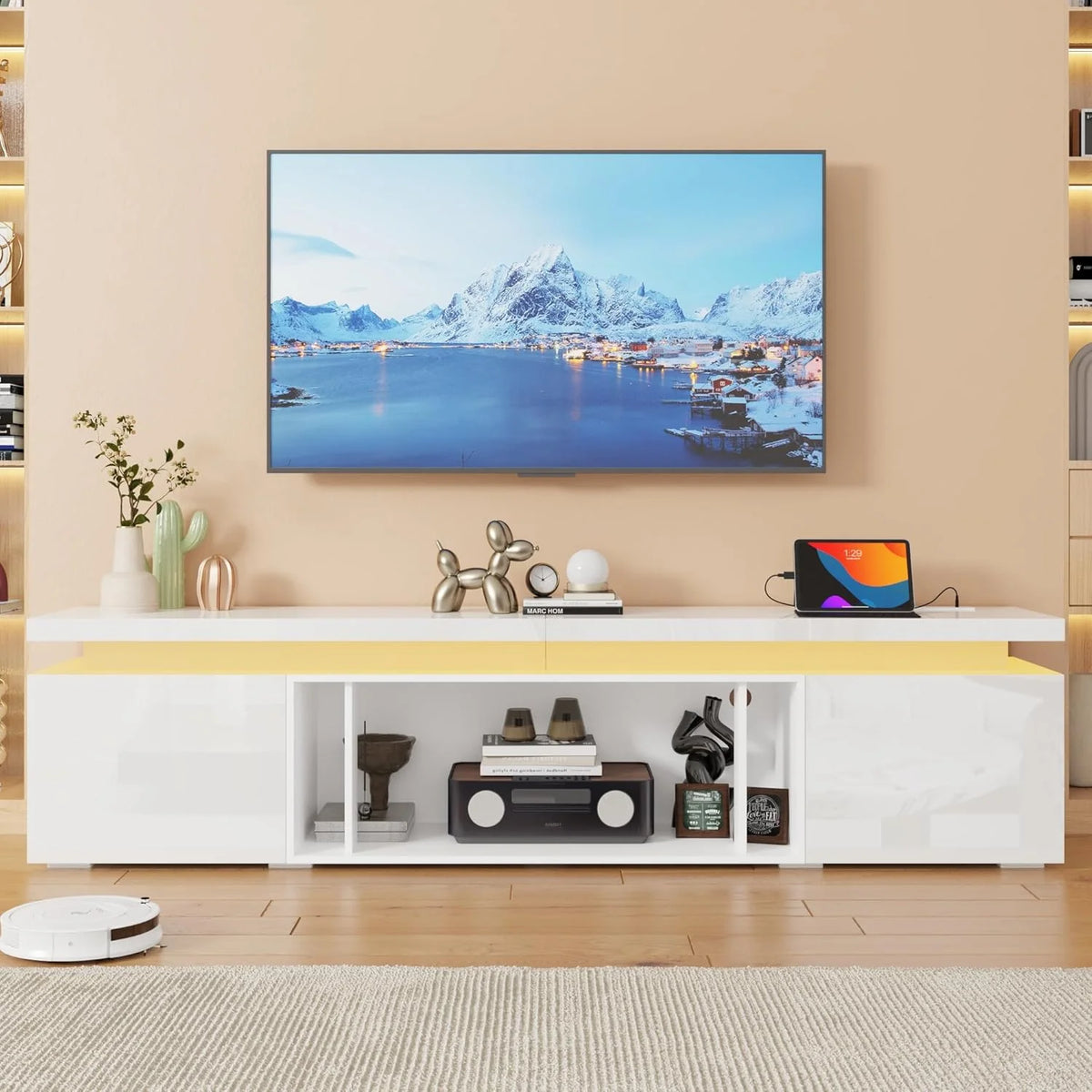 Blotout High Gloss LED TV Stand for up to 80" TVs /40" Electric Fireplace, 71" Large Entertainment Center Console Table with Power Charging Station
