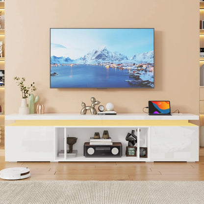 Blotout High Gloss LED TV Stand for up to 80" TVs /40" Electric Fireplace, 71" Large Entertainment Center Console Table with Power Charging Station