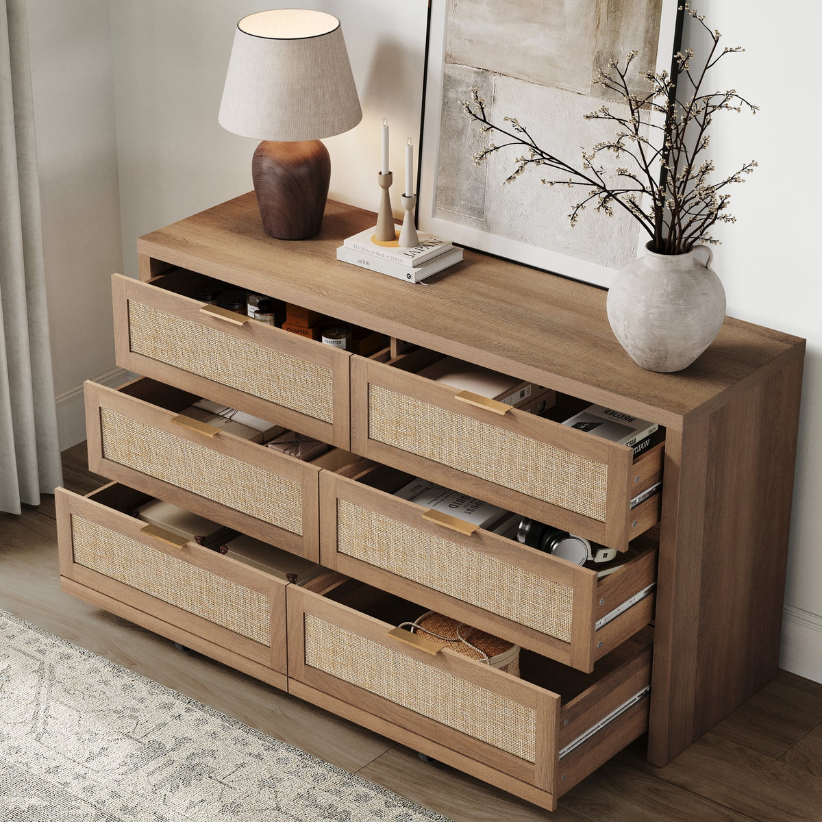 SICOTAS 56.85" 6 Drawer Dresser,Rattan Dresser with Storage,Boho Dressers & Chests of Drawers Wooden Tall  Dresser for Bedroom