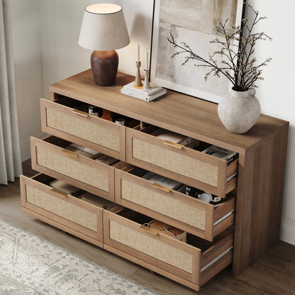 SICOTAS 56.85" 6 Drawer Dresser,Rattan Dresser with Storage,Boho Dressers & Chests of Drawers Wooden Tall  Dresser for Bedroom