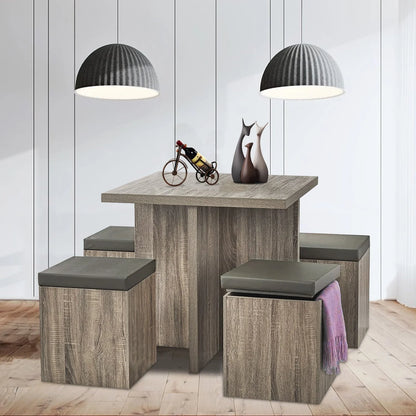SUGIFT 5-Piece Dexter Dining Set with Storage Ottoman, Taupe