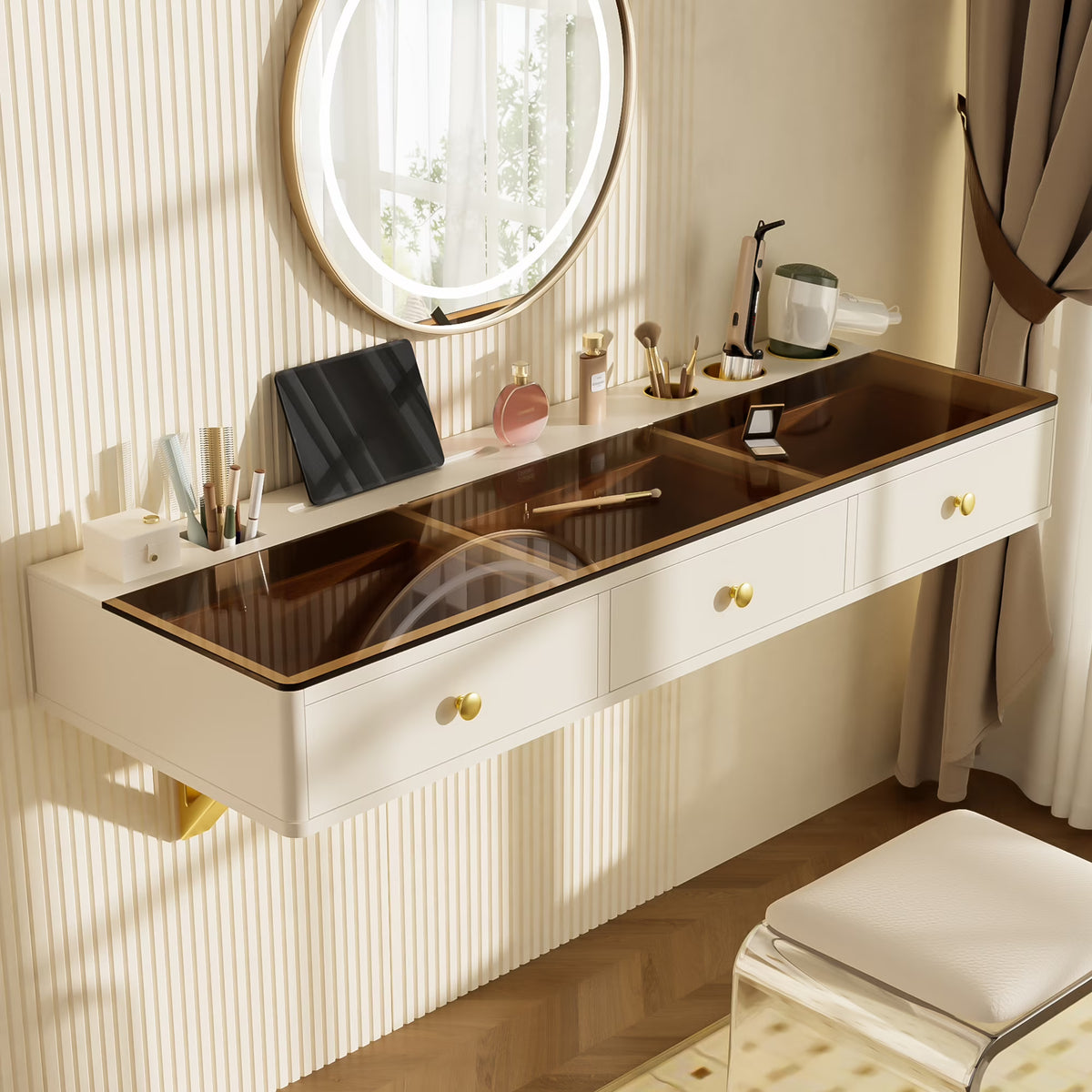GO 47" Floating Shelf with Drawer, Multi-Purpose Wall-Mounted Vanity Table, Mounted Desk, Floating Table for Bedroom, Bathroom, Hairdressers, White and Golden