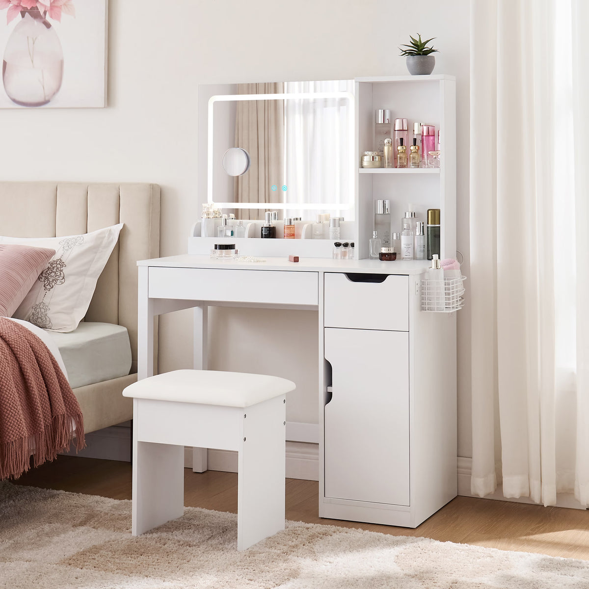 Mainstays Get Ready with Me GRWM Deluxe 2-Piece Vanity and Stool with Lighted Mirror and USB Power, White Finish
