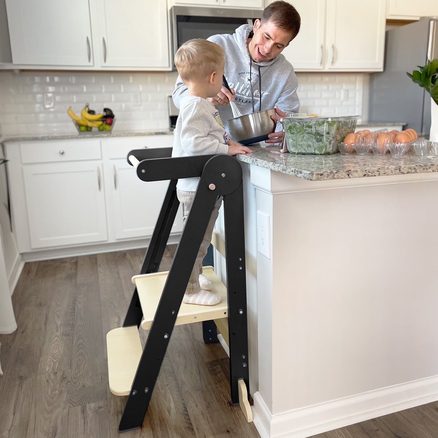 HARPPA Foldable Toddler Kitchen Tower, Standing Tower for Kids Age 1.5-6 Years, White
