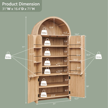 SinCiDo Arched Kitchen Pantry Storage Cabinet, 71-Inch Tall Wood Adjustable Shelves, 2 Doors, 2 Drawers