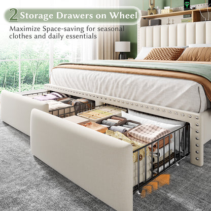 EnHomee Upholstered King Size Bed Frame with Headboard and Storage King Bed Frame with 2 Drawers,Grey