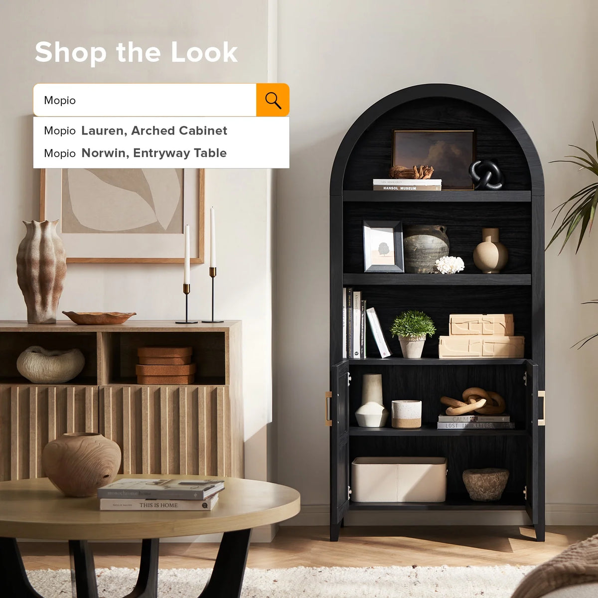 mopio Lauren 65.4" Arched Cabinet, 5-Tier Arched Bookcase with Doors and Shelves, Arched Bookshelf with Storage, Kitchen Pantry Cabinet, Wooden Storage Cabinet for Living Room, Kitchen (Oak)
