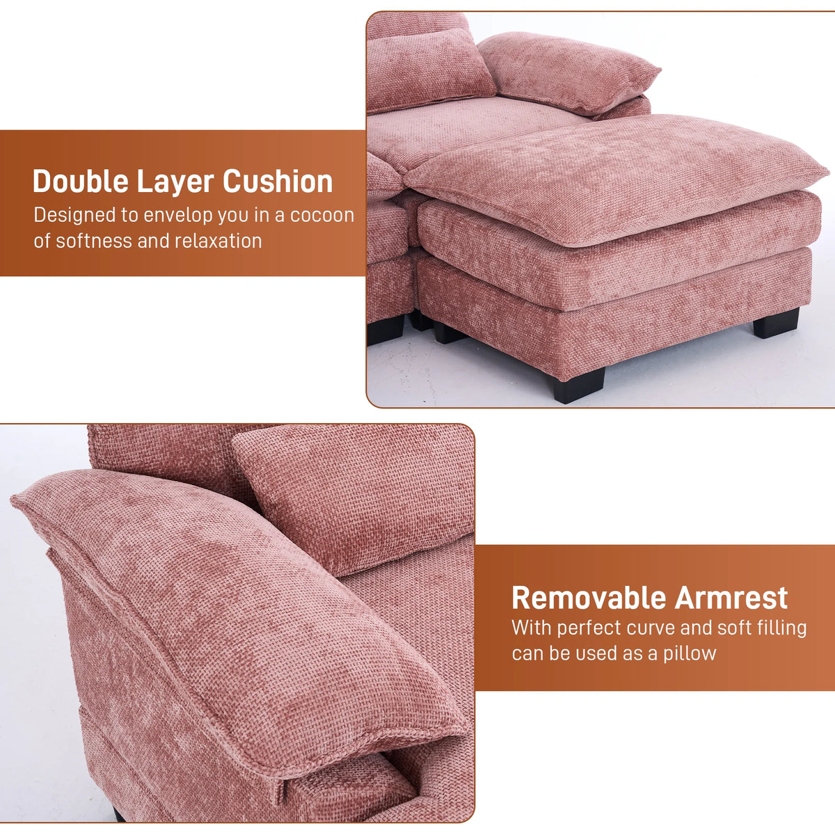 Rophefx 114.3" U Shaped Sectional Couches for Living Room,Cloud Couch,4 Seats Chenille Couch with Double Layer Cushion,Orange