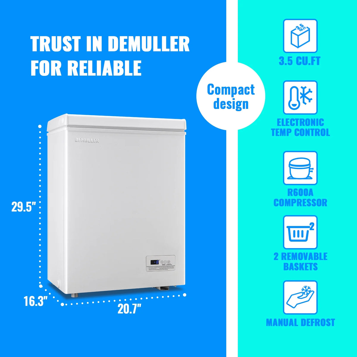 DEMULLER Deep Chest Freezer with 2 Removable Baskets Compact Mini Deep Freezers Stay-Open Lid White