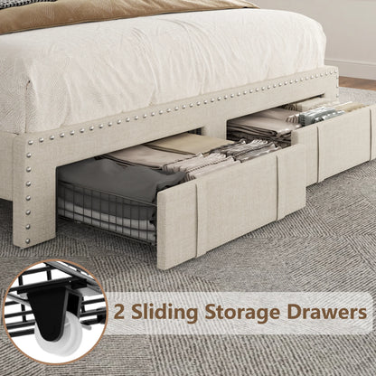 Lijimei Queen Bed Frame With Headboard And Storage, Platform Bed Frame Full Size With 2 Drawers, Upholstered Full Size Bed Frame With Storage, Built-in Charging Station, Beige