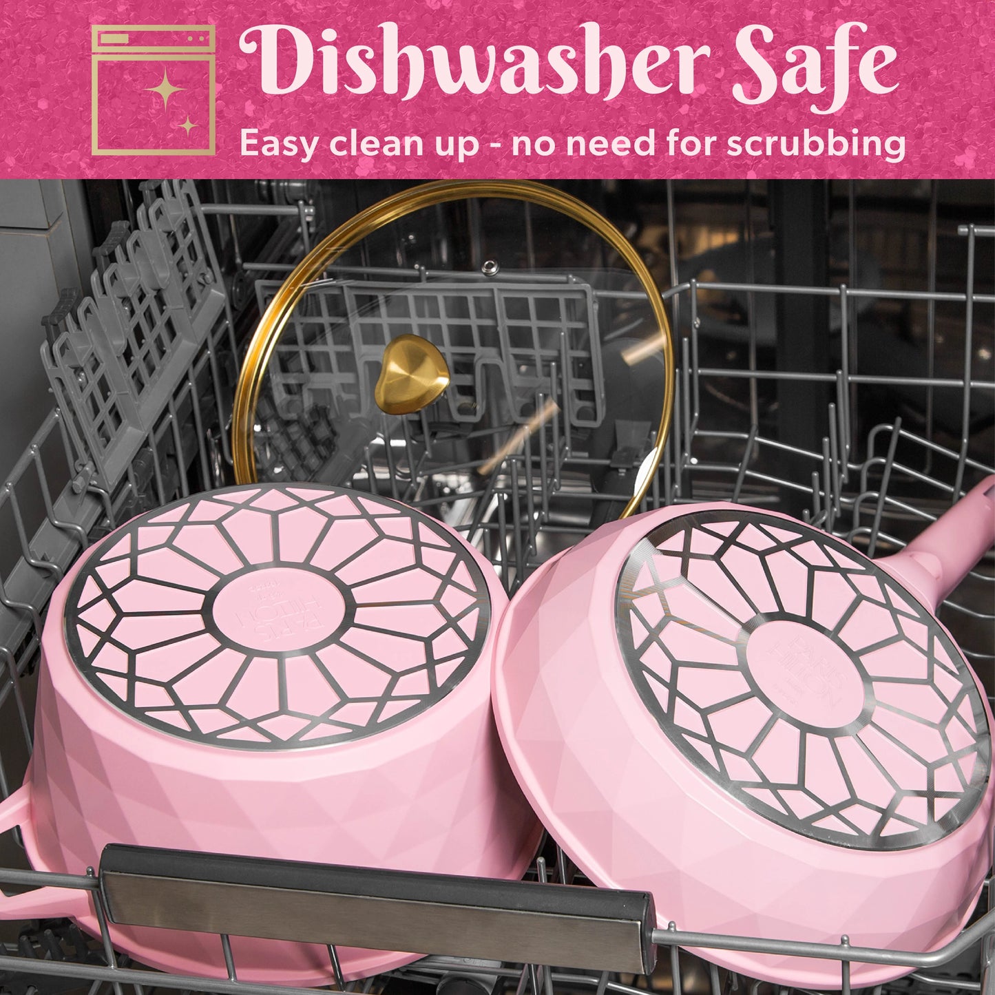 Paris Hilton 10-Piece Ceramic Nonstick Cast Aluminum Cookware Set, Clean Ceramic? Coating, Faceted Pink Design