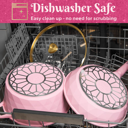 Paris Hilton 10-Piece Ceramic Nonstick Cast Aluminum Cookware Set, Clean Ceramic? Coating, Faceted Pink Design