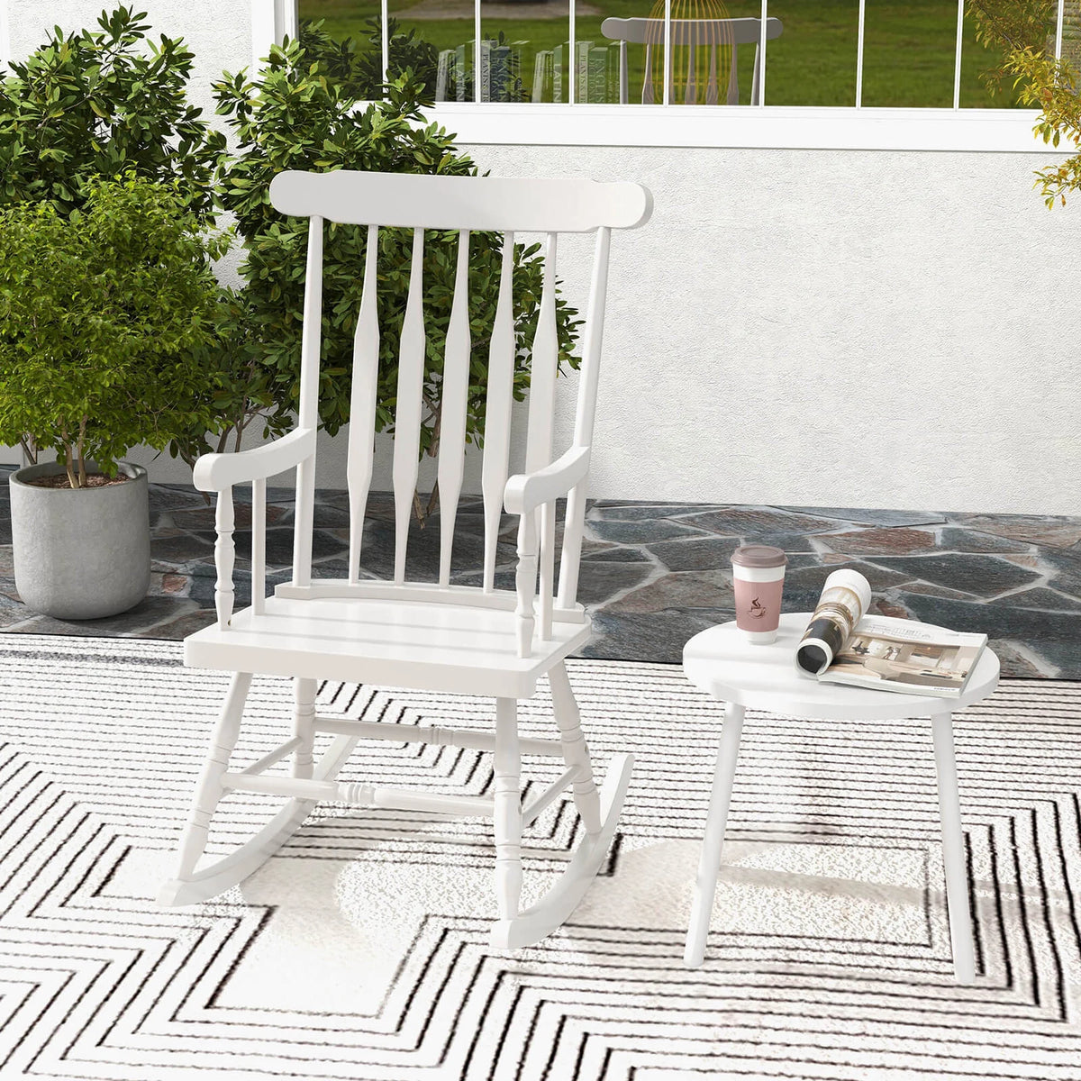 Costway Solid Wood Rocking Chair Porch Rocker Indoor Outdoor Seat Glossy Finish White