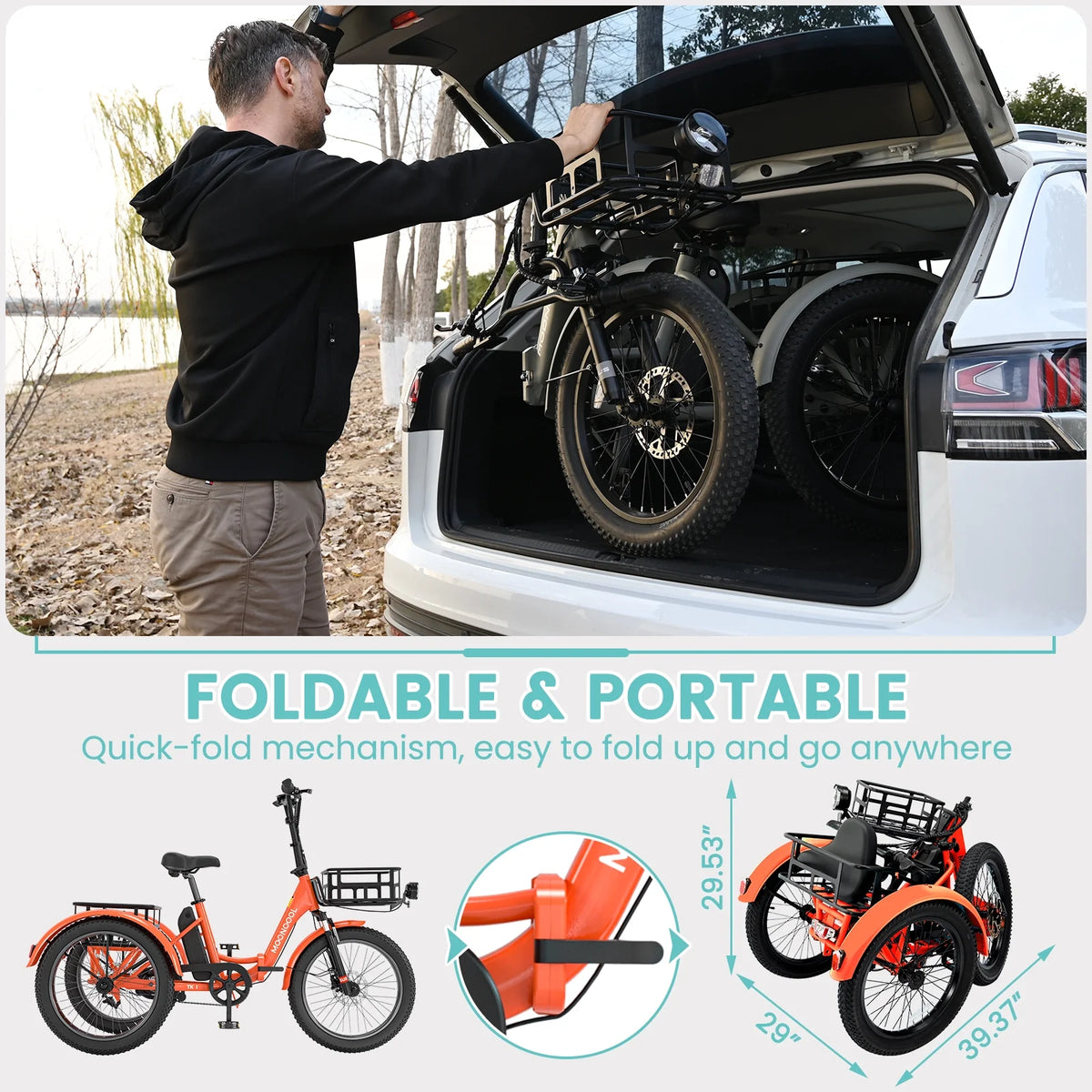 MOONCOOL TK1 Folding Electric Tricycle for Adults,48V 14.5Ah Removable battery, 500W（Peak 1000w）Motor, 20" Fat Tire Step-Thru 3Wheel Electric Bicycle w/Front&Rear Baskets, Certified to UL 2849 by SGS