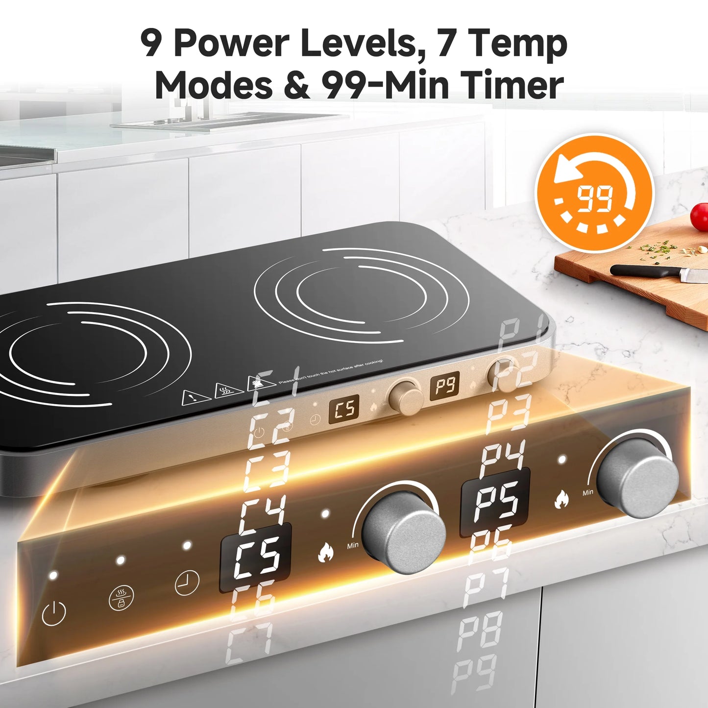 Sunmaki Portable Double Induction Cooktop with Removable Griddle Pan Non-stick, 1800W 2 burner Induction Hot Plate With Sensor Touch 9 Power Levels, 99 Min Timer,Great for Family Party