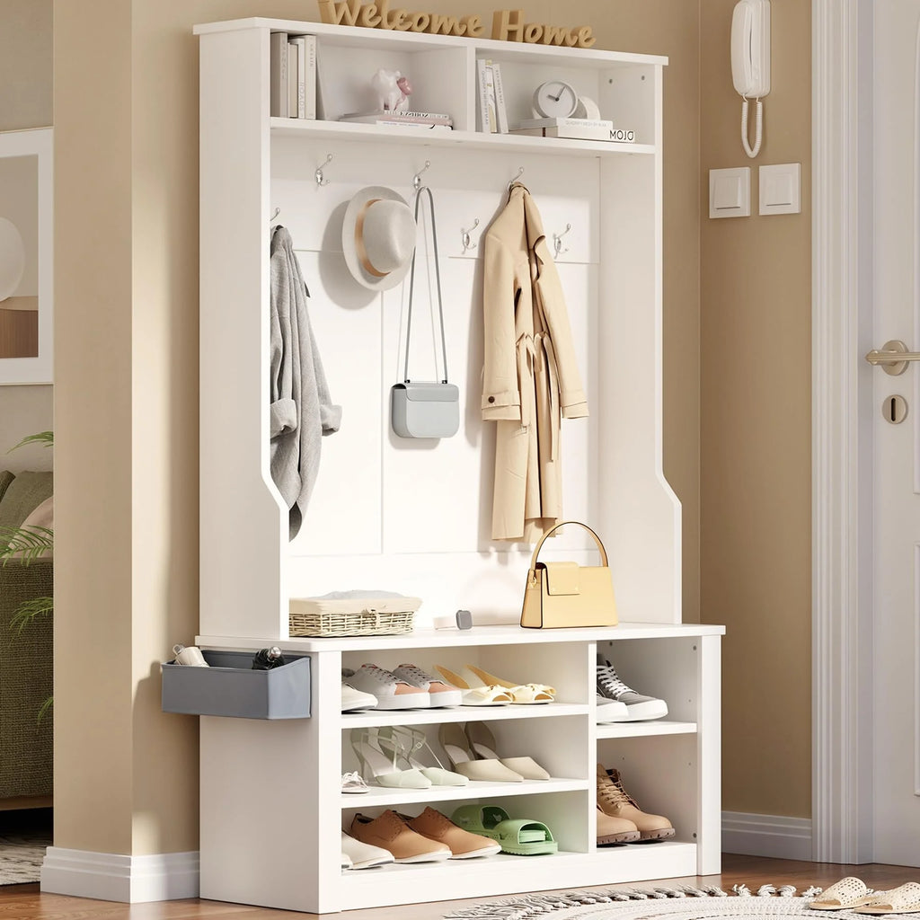 Lofka 5-in-1 Hall Tree with Bench and Shoe Storage, Entryway Hall Tree with Coat Rack, Adjustable Shoe Storage, 2-tier top storage,White