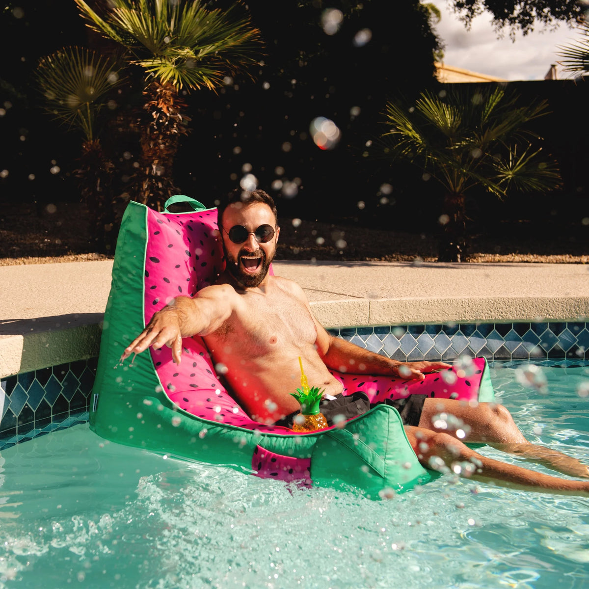 Big Joe Captain's Float No Inflation Needed Pool Lounger with Drink Holder, Tropical Hibiscus Aqua Double Sided Mesh, Quick Draining Fabric, 3 feet