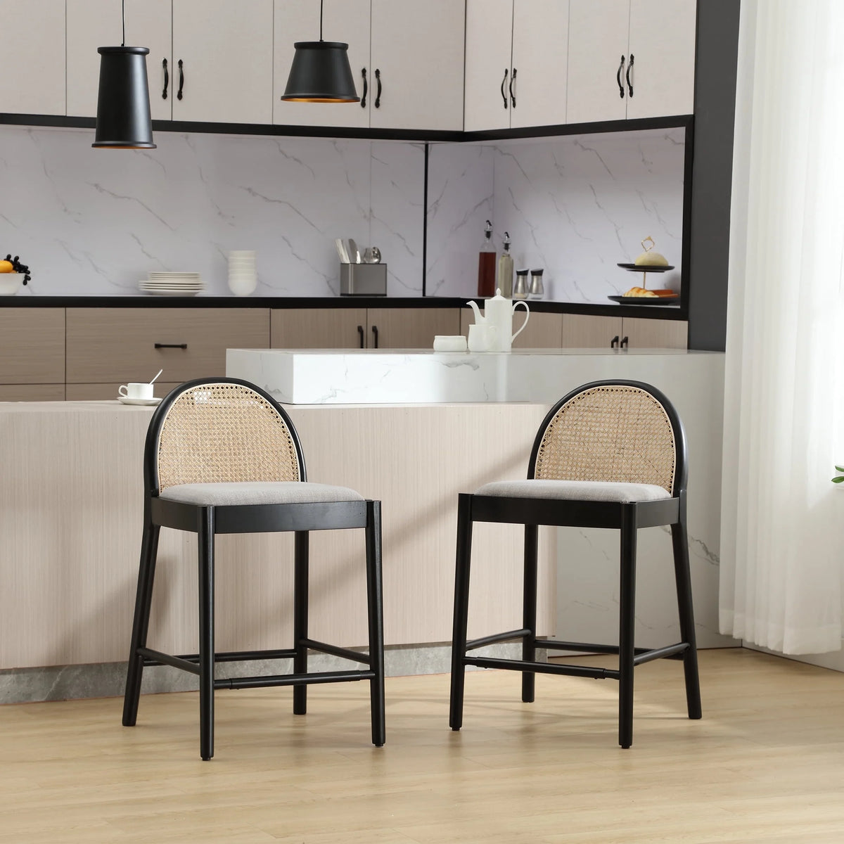 Guyou Modern Bar Stools Set of 2, 26" Counter Height Bar Stools with Natural Rattan Back and Solid Wood Frame, Sherpa Upholstered Kitchen Island Chairs for Bar Island Cafe Kitchen, Black