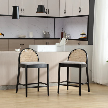 Guyou Modern Bar Stools Set of 2, 26" Counter Height Bar Stools with Natural Rattan Back and Solid Wood Frame, Sherpa Upholstered Kitchen Island Chairs for Bar Island Cafe Kitchen, Black