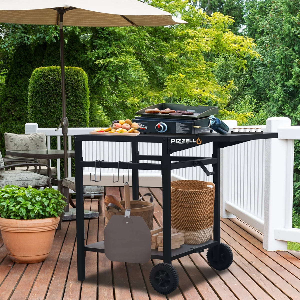 Pizzello Outdoor Grill Pizza Oven Food Prep Bbq Cart Stand Table with Storage Wheels Expandable Countertop, Black