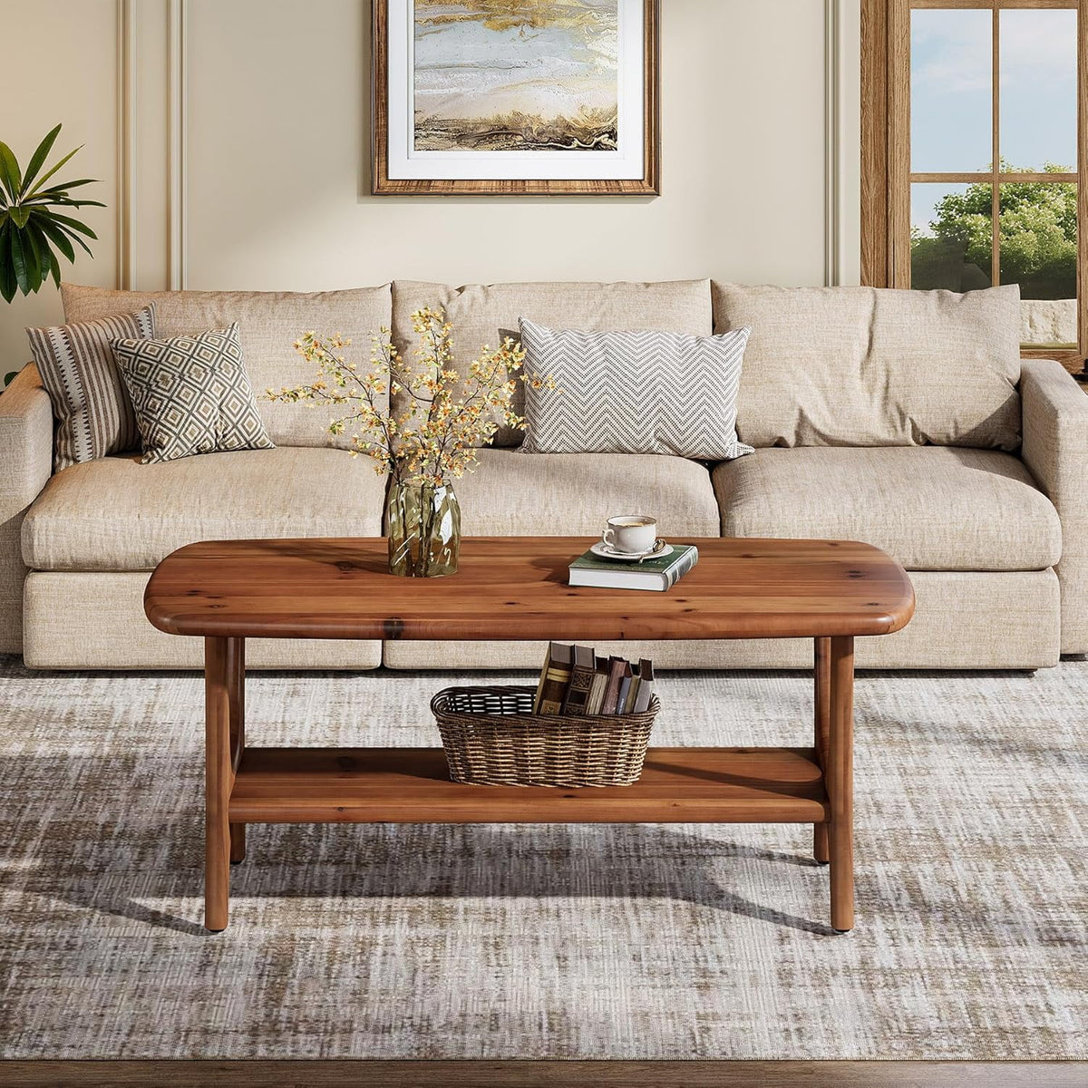 Fimind Solid Wood Coffee Table, 47.24" Mid-Century Modern Rectangle Center Table with 2-Tier Storage Shelf for Living Room, Small Space