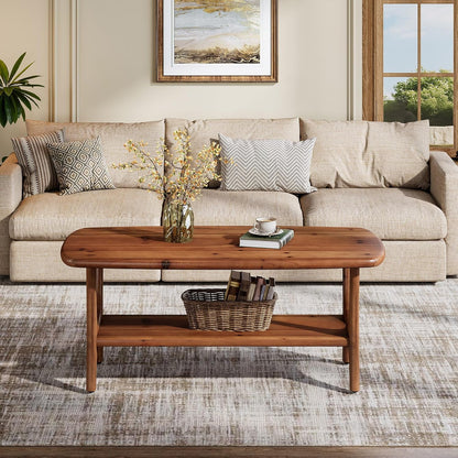 Fimind Solid Wood Coffee Table, 47.24" Mid-Century Modern Rectangle Center Table with 2-Tier Storage Shelf for Living Room, Small Space