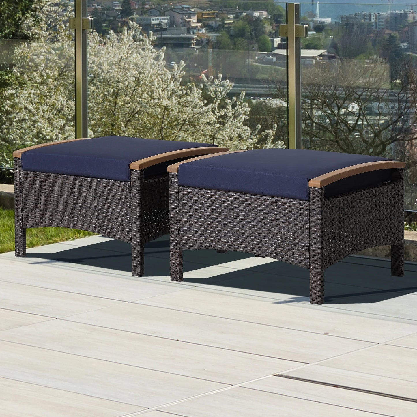 Costway Set of 2 Patio Rattan Ottoman Footrest Cushions Wooden Handle Beige