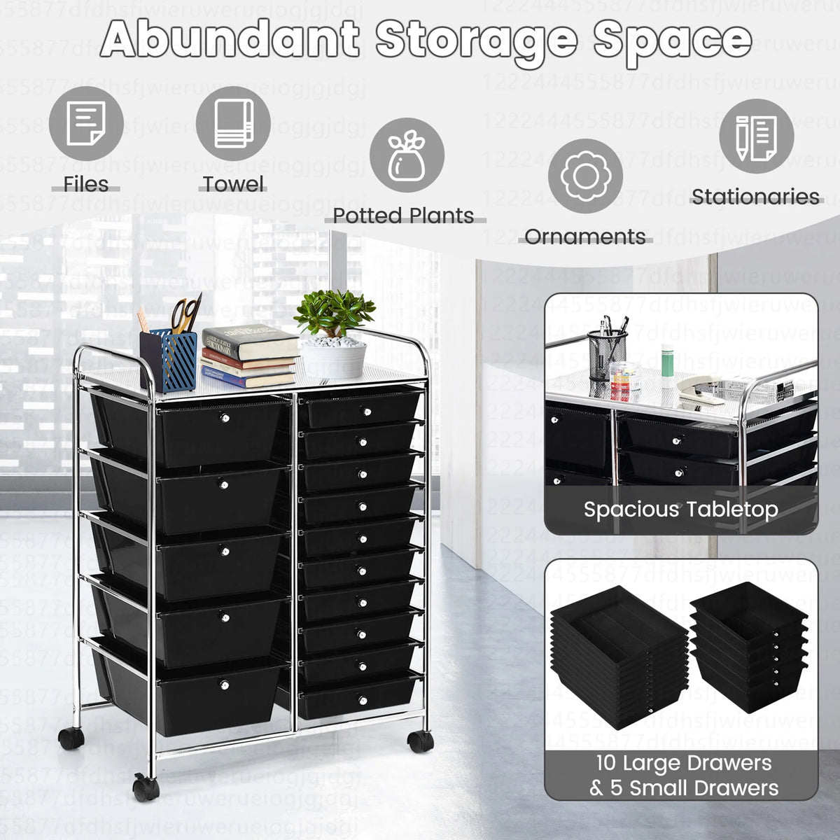 Costway 15 Drawer Rolling Storage Cart Tools Scrapbook Paper Office School Organizer White